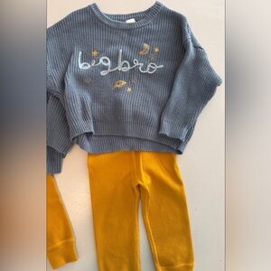 Hanna Andersson Mustard Leggings and Blue Gray Ribbed Sweater - Big Bro - 2T